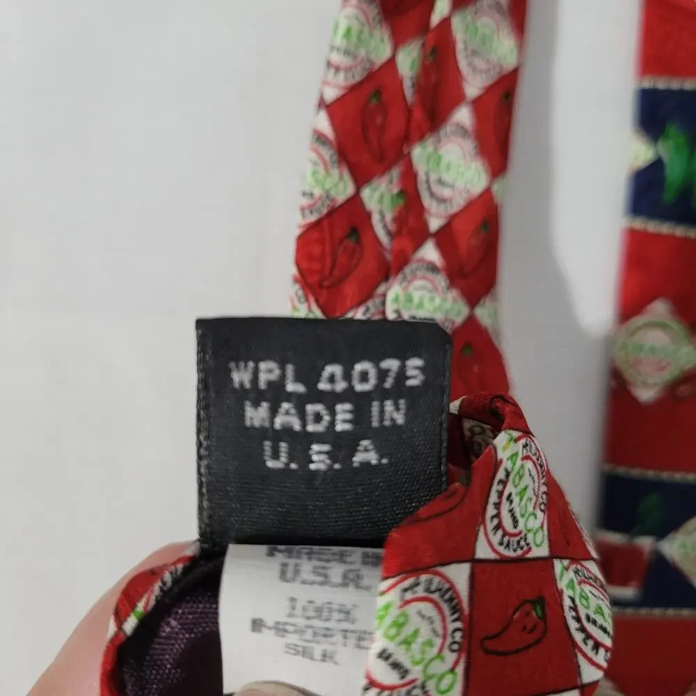 Pair of Tabasco silk novelty print neck tie made in USA, red, multicolor, shrimp